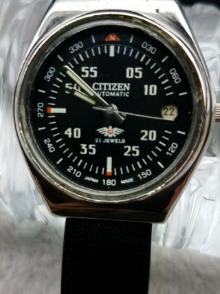 Rare Vintage Citizen Automatic 21 Jewel Watch Blackface With Date