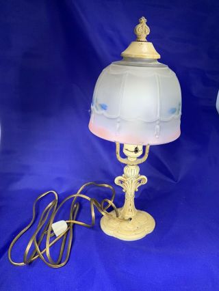 Vtg Antique Cast - Iron Art Nouveau Deco Table Lamp Boudoir Bedroom Glass Shade