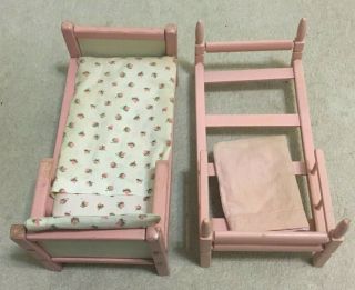 Two Vintage Ginny Doll Beds Pink Wood Wooden Doll Beds Furniture Marked Ginny