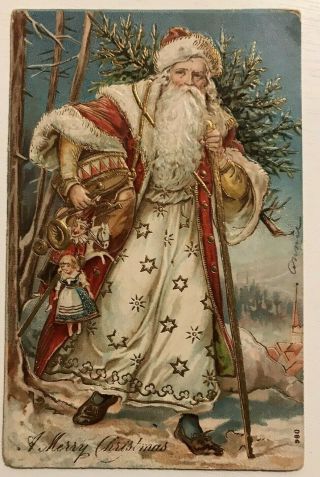 Rare Long Fancy Red Robe Santa Claus Antique Embossed Christmas Postcard - M715
