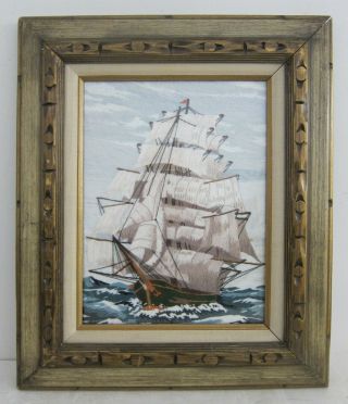 Vintage 1970s Handmade Nautical Clipper Ship Embroidery Panel Gilt Framed 20x23