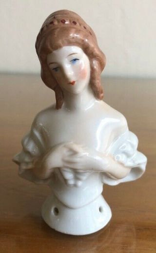 Antique Bisque Porcelain Half Doll Pincushion Germany 3 " Estate Find Victorian