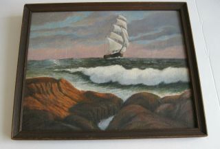 Vintage Tall Ship At Sea Oil Painting With Wood Frame