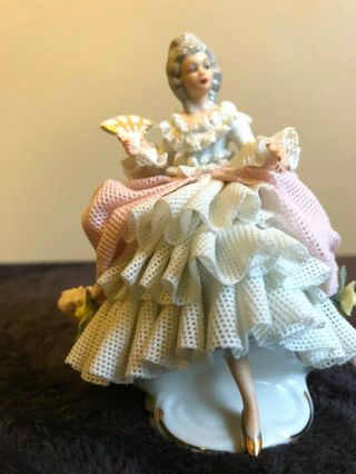 Vintage Dresden Sandizell West Germany Lace Porcelain,  Lady With Pink Dress,  Fan