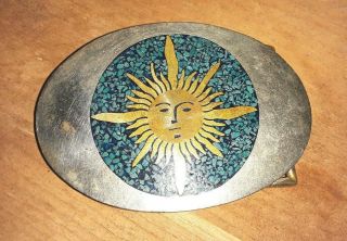 Rare Collectable Vintage Silver w/ Turquoise & Copper Inlay Belt Buckle - Mexico 3