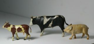 3 Antique C.  1900 Carved & Painted Folk Art Farm Putz Animals Cows & Pig