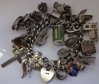 Stunning Vintage Solid Silver Charm Bracelet & 27 Charms,  Rare,  Open,  Move.  111.  8g
