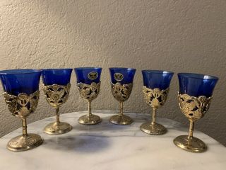 Handmade Cut Crystal Set Of 6 Blue Glasses Made In Japan