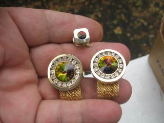 Vintage Foster Cufflinks & Tie Pin Tack Set Carnival Irredescent Bling