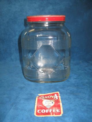 Vtg Canova Large 3 - Lb Lidded Embossed Glass Coffee Jar.  Hazel Atlas.  Rare