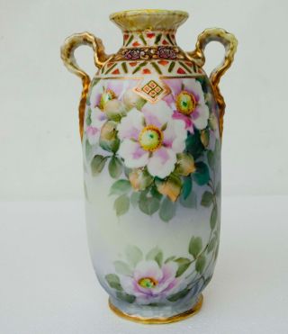 Imperial Nippon Antique Hand Painted Vase Pink/white Flowers Double Handled