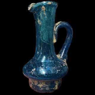 Rare Ancient Roman Turquoise Glass Vessel With Intact Handle 1st Century A.  D.