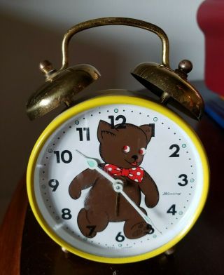 Vintage Rare Wind Up Table Alarm Clock Bear W.  Moving Eyes Blessing West Germany