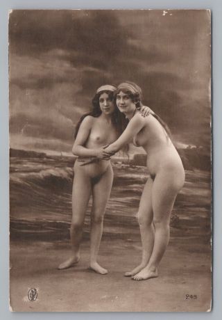 Embracing Nude Girls—lesbian Interest Rppc - Sized Antique Photo—long Hair 1920s