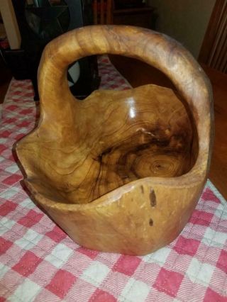 Burl Wood Basket Hand Carved 10 " X 9 " Wooden Tree Trunk Root Bowl