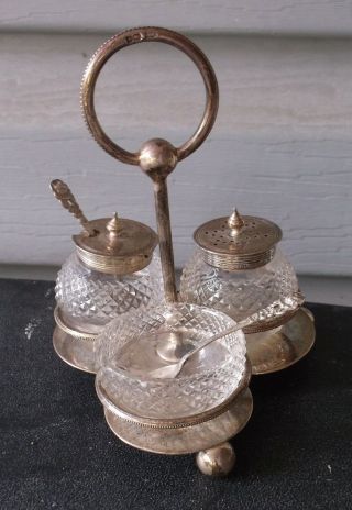 Antique Miniature Condiment Set Glass Silver Plate Castor Walker & Hall 4 3/4 " T