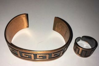 Antique Vtg Solid Copper Signed Cuff Bracelet & Ring