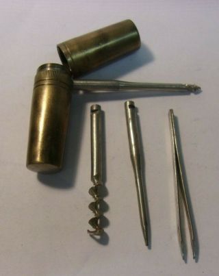 Antique 4 - Piece Mini Tool Set In Brass Pocket Capsule Made In Germany
