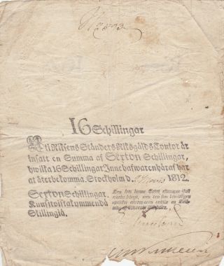 16 Schillingar Fine - Banknote From Sweden 1812 Very Rare