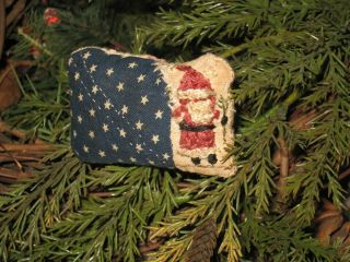 Primitive Tiny Sampler Pillow Santa Holds Pine Tree Early Quilt Folk Art X - Mas