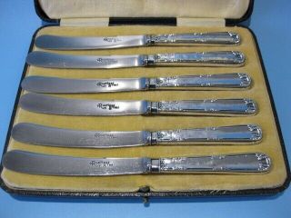 Antique Cased Set Of 6 Little Butter Knives With Sterling Silver Handles