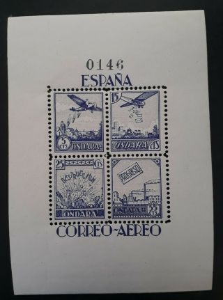 Rare 1937 Spain Civil War Ondara Airmail Numbered Minisheet W 4 Stamps