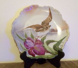 Signed Antique Flambeau Limoges France Hand Painted Bird & Iris Porcelain Plate