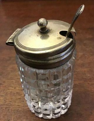 Glass Antique Mustard Jar Spoon Silver Plated Lid