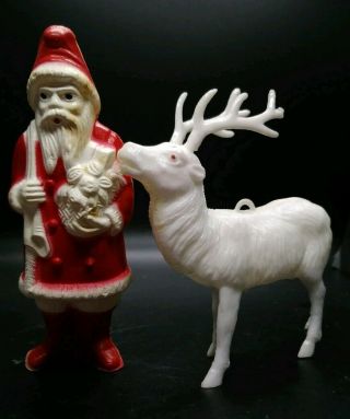 Vintage Antique 4 " Early Santa Claus Celluloid Figurine Irwin And Reindeer