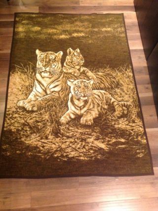 Vtg Biederlack 3 Tigers Cubs Grass Throw Blanket Reversible Rare