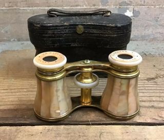 Antique French Lemaire Paris Mother Of Pearl & Brass Opera Glasses W/ Orig.  Case