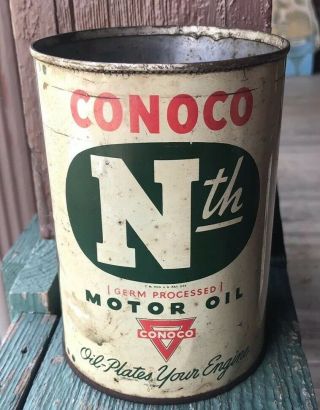 Vintage Conoco Nth Motor Oil Metal Can Empty 1930s Rare Patina Ship Us