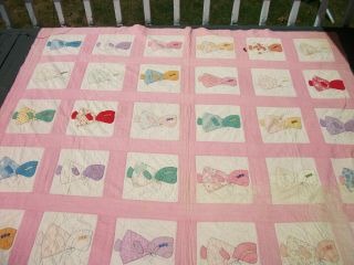 Vintage Quilt Pinks Sun Bonnet Completely Hand Sewn & Hand Quilted 80 " X 70 "