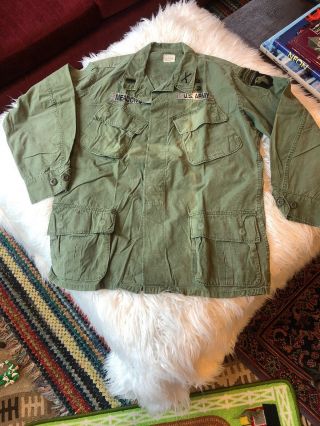 Vtg Vietnam War Us Army Og107 Rip Stop Slant Pocket Jacket Patches Ranger Rare