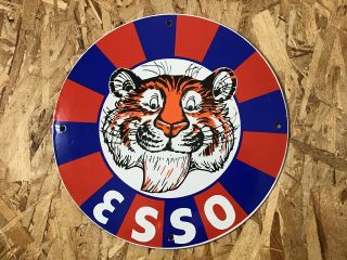 Vintage Esso Gasoline Porcelain Enamel Pinwheel Sign 12 " Gas Oil Pump Plate Rare