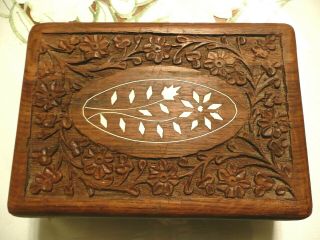 Antique Vintage Wooden Hand Carved Flower Jewelry / Trinket Secret Treasure Box