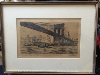 Vintage L.  Meslay Etching/stamped Print Of Brooklyn Bridge,  York City