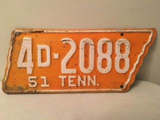 1951 Tennessee License Plate Tag Tenn Tn Rare State Shaped Paint