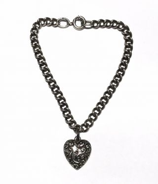 Antique Victorian Sterling Silver Bracelet Puffy Heart Charm Purple Stone 7 1/4”