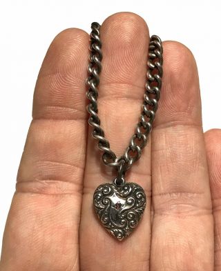 Antique Victorian Sterling Silver Bracelet Puffy Heart Charm Purple Stone 7 1/4” 2
