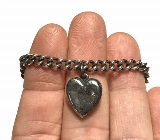 Antique Victorian Sterling Silver Bracelet Puffy Heart Charm Purple Stone 7 1/4” 3