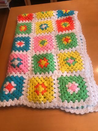 Vintage Crochet Afghan Multi Colored Granny Squares Throw Lap Blanket Handmade