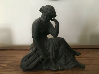 Antique Clock Figure Topper Spelter Woman Reclining With Lyre - Classic Form