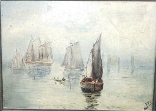 Antique Oil On Board Painting Of Ships In Harbor Sign Jl