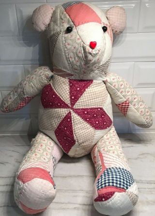 Handmade Sewn Quilted Feedsack Patchwork Teddy Bear Large 24 " Pinks Reds