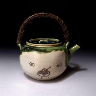 Wh17: Vintage Japanese Pottery Sencha Tea Pot With Wooden Handle,  Oribe Ware