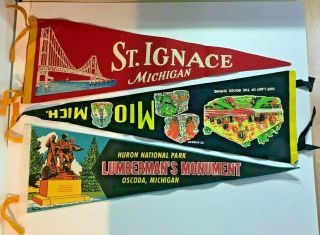 3 Vintage Michigan Souvenir Pennants St.  Ignace Mio Oscoda Antique Travel Huron