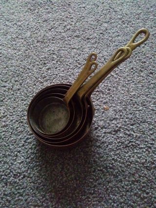 Set Of 5 Vintage Copper Measuring Pans With Brass Handles