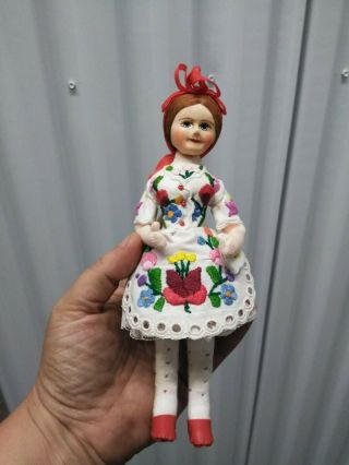 Vintage Swedish Cloth Doll With Hand Painted Face In Embroidered Pleated Dress