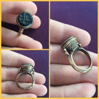 Rare Post Medieval Bronze Gilt Stone Seal Ring 18th To 19th C